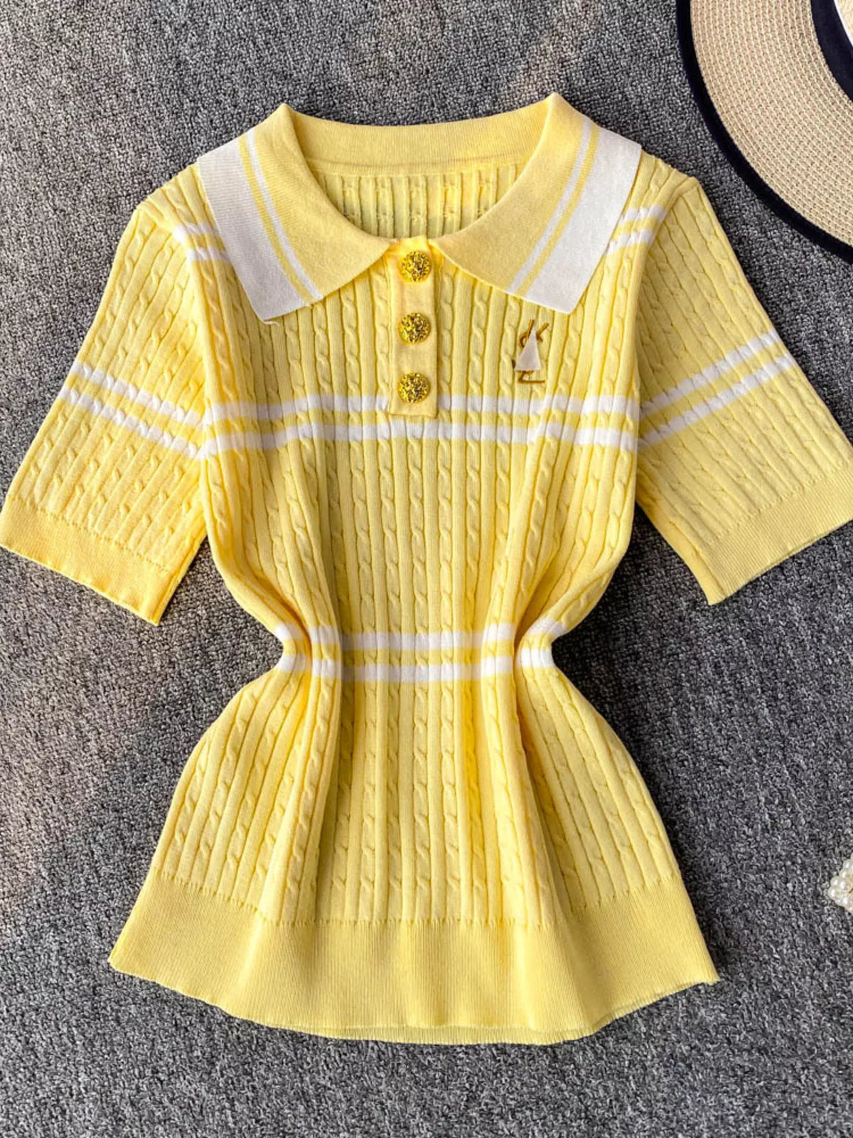 Yellow striped knit polo collar top back view