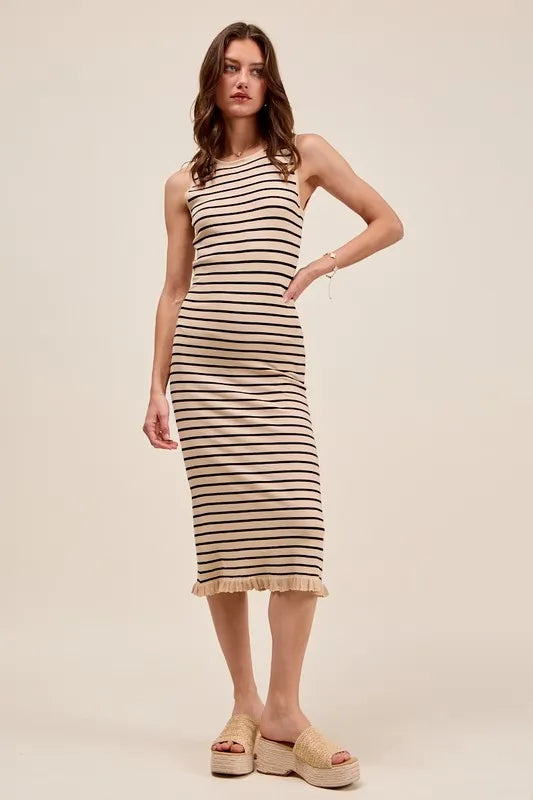 SO ME Stripe Sleeveless Sweater Knit Maxi Dress With Ruffled Hem - Fashorio