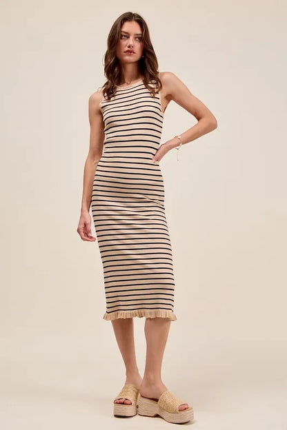 SO ME Stripe Sleeveless Sweater Knit Maxi Dress With Ruffled Hem - Fashorio