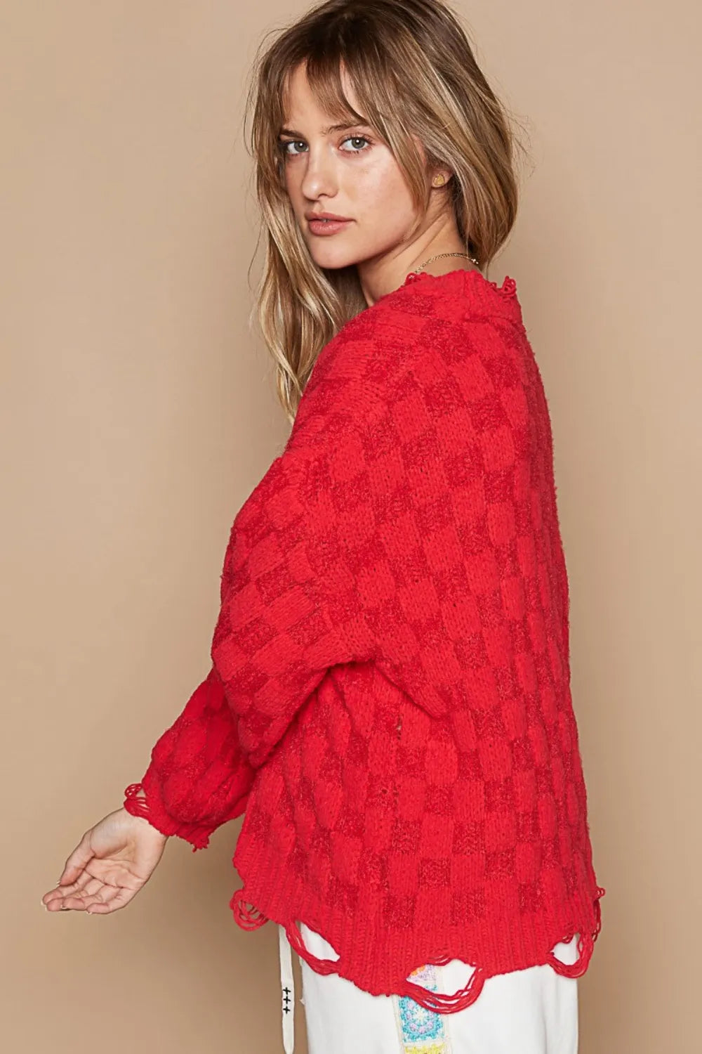 Checkered Distressed Edge Sweater in Candy Apple Red side view