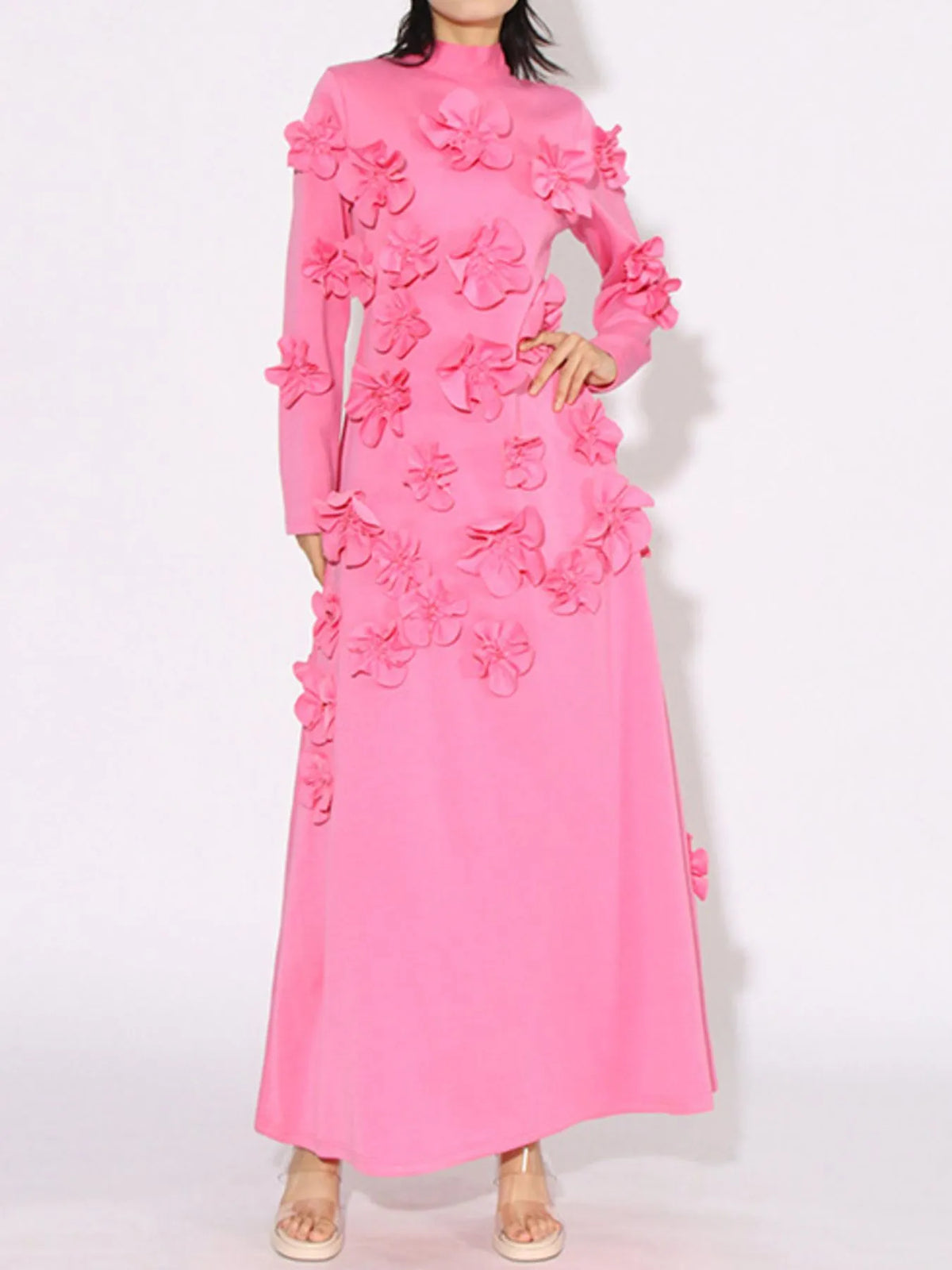Floral applique long sleeve maxi dress in pink back view