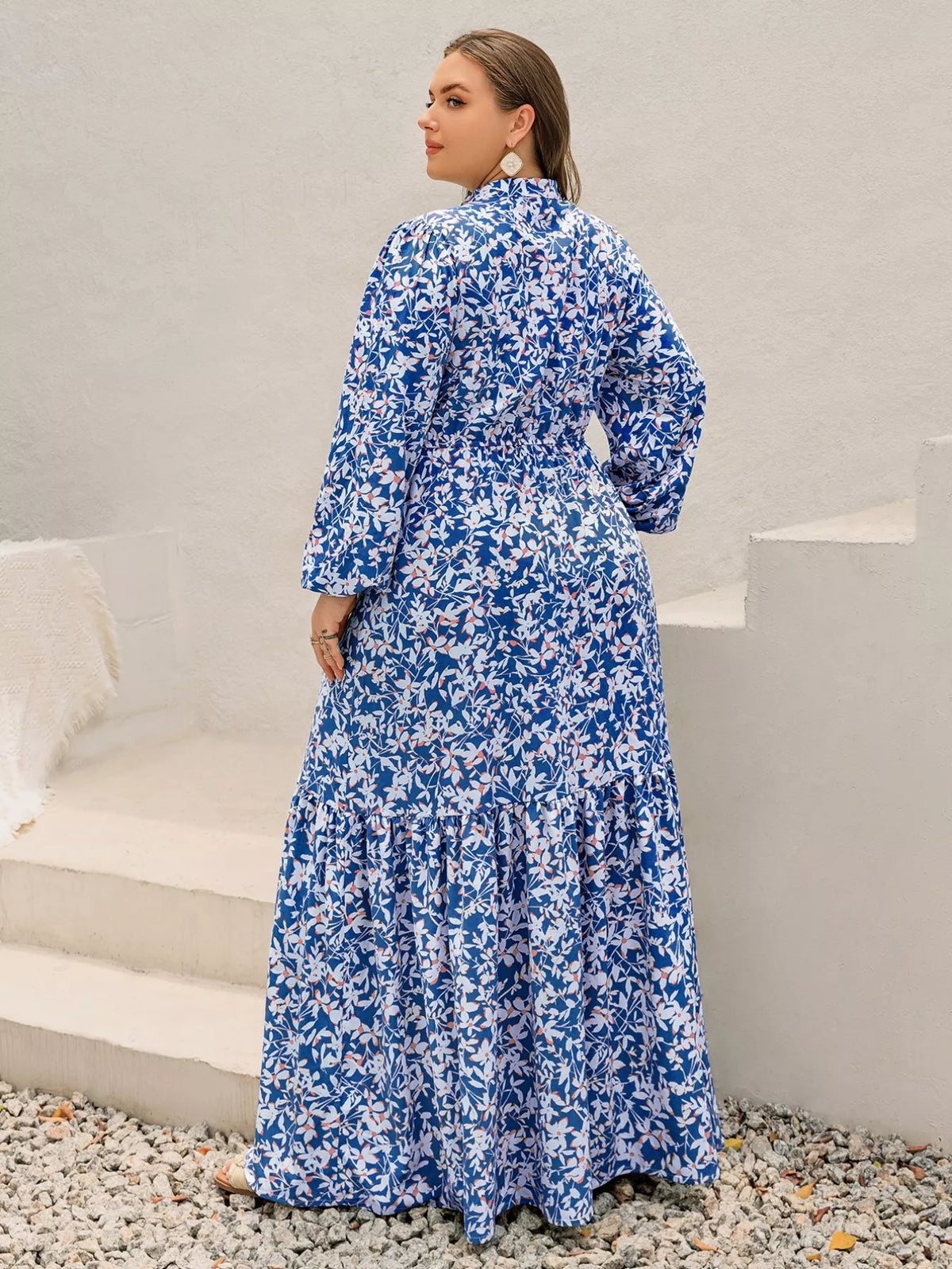 blue floral bohemian plus size ruched maxi dress styled outfit view