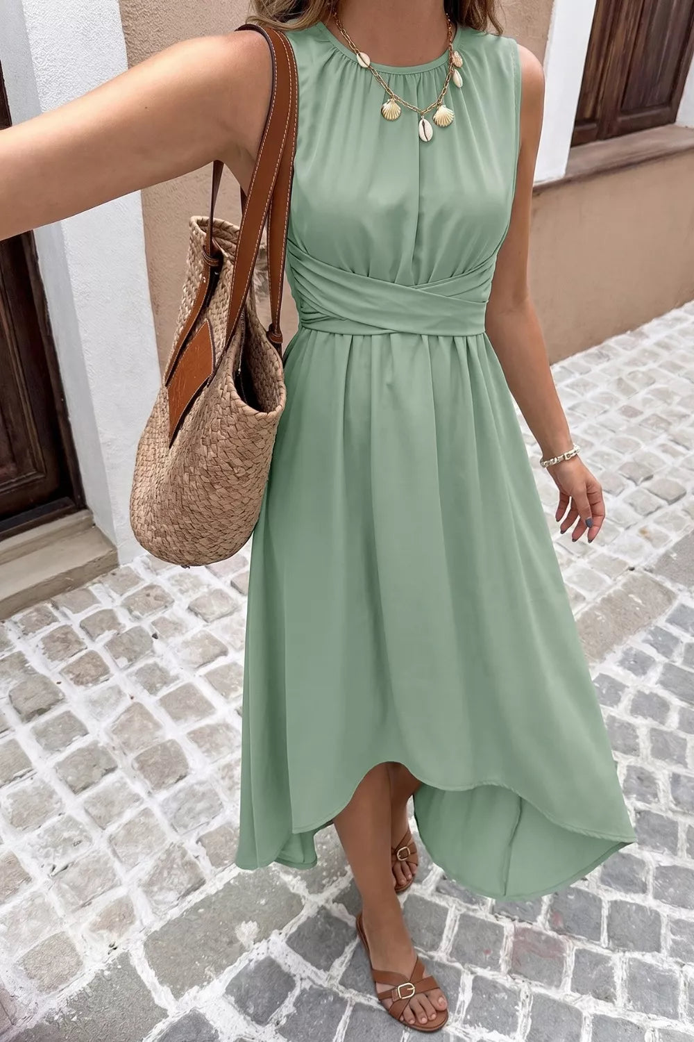 Sage sleeveless A line dress neckline detail