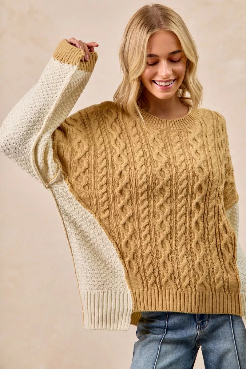 Cable Knit Uneven Hem Sweater in Mustard and Ivory side view