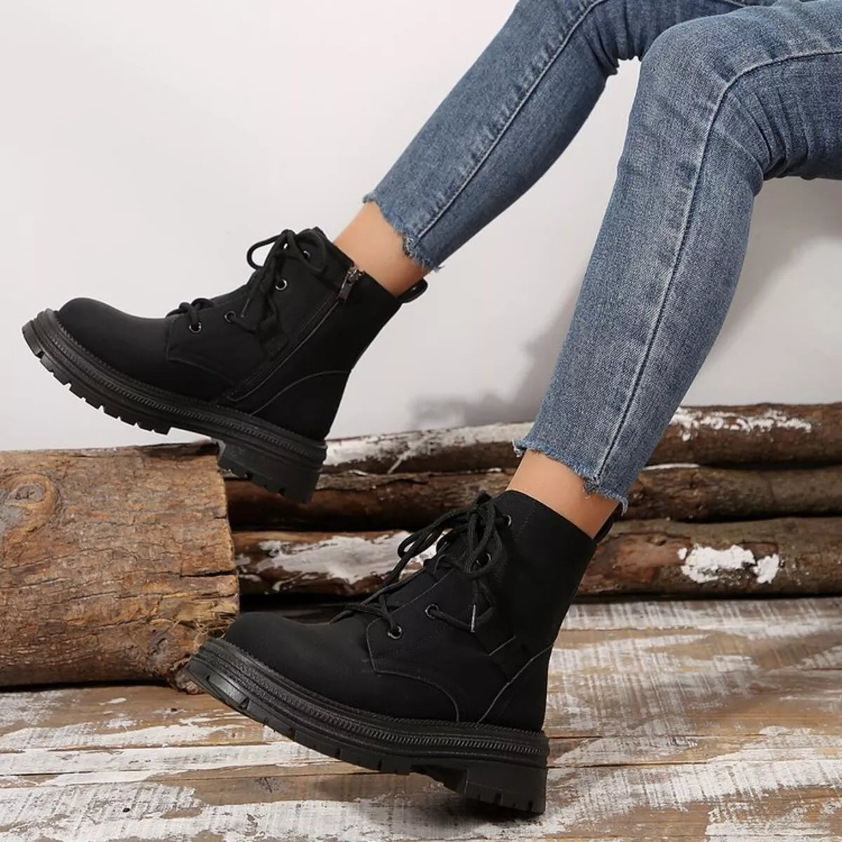 Round toe lace up platform boots angled view