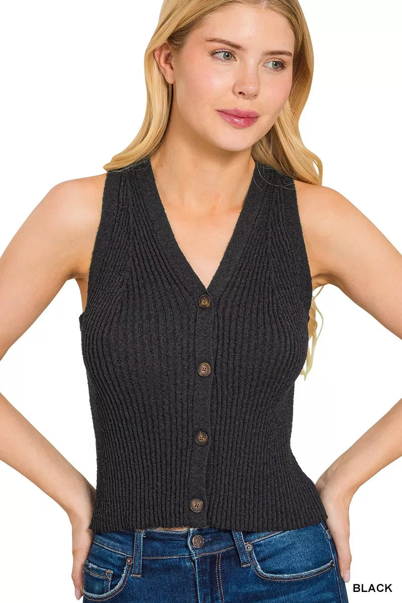 Ribbed Knit Button Down Sweater Vest in Black back view