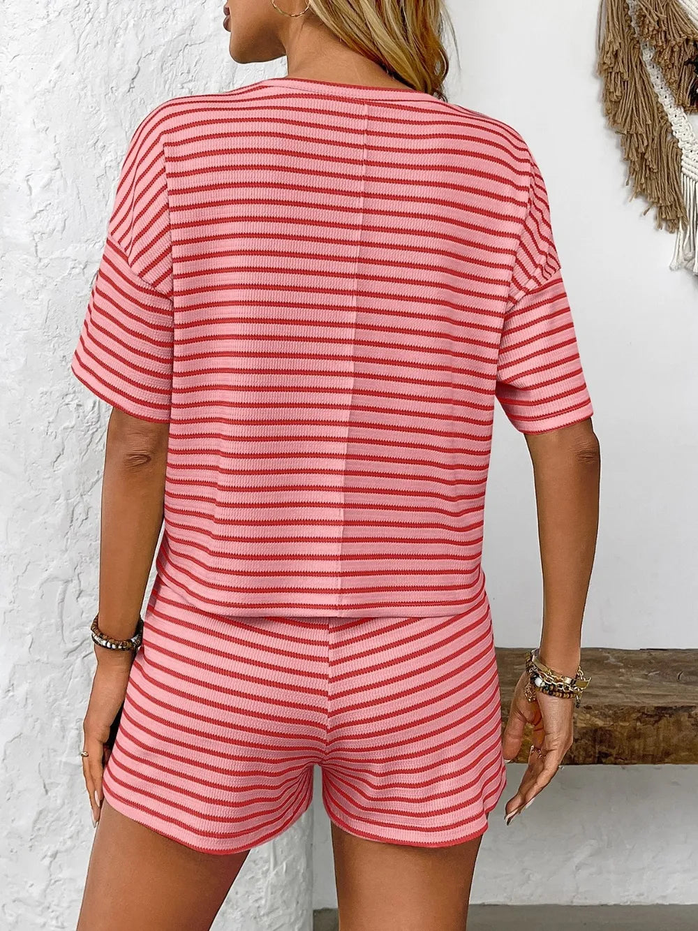 Striped Round Neck Short Sleeve Top and Shorts Set - Fashorio