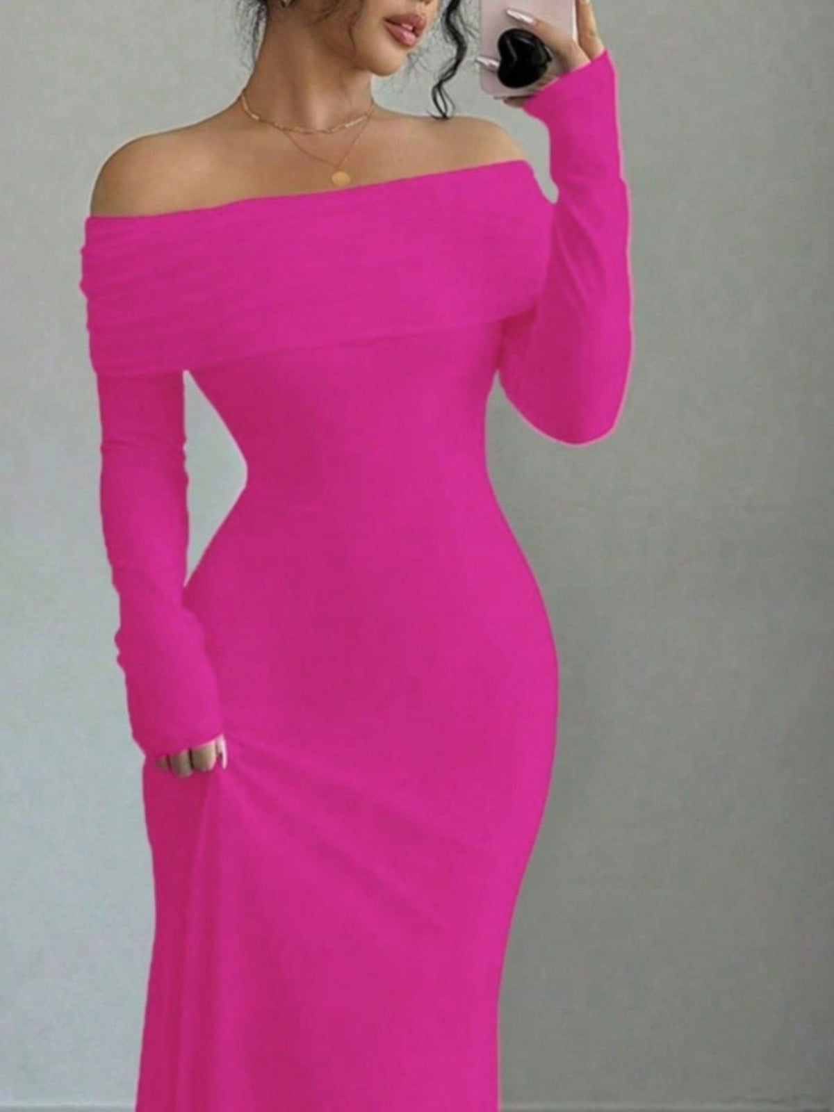 off shoulder long sleeve maxi dress neckline detail