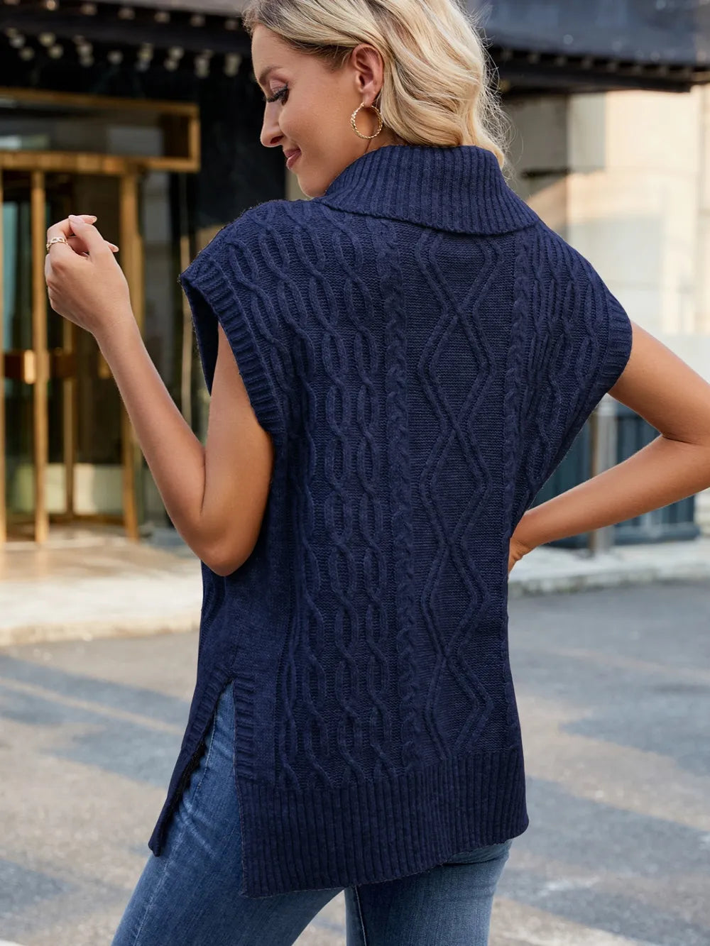 Side Slit Turtleneck Sweater Vest in Caramel on model