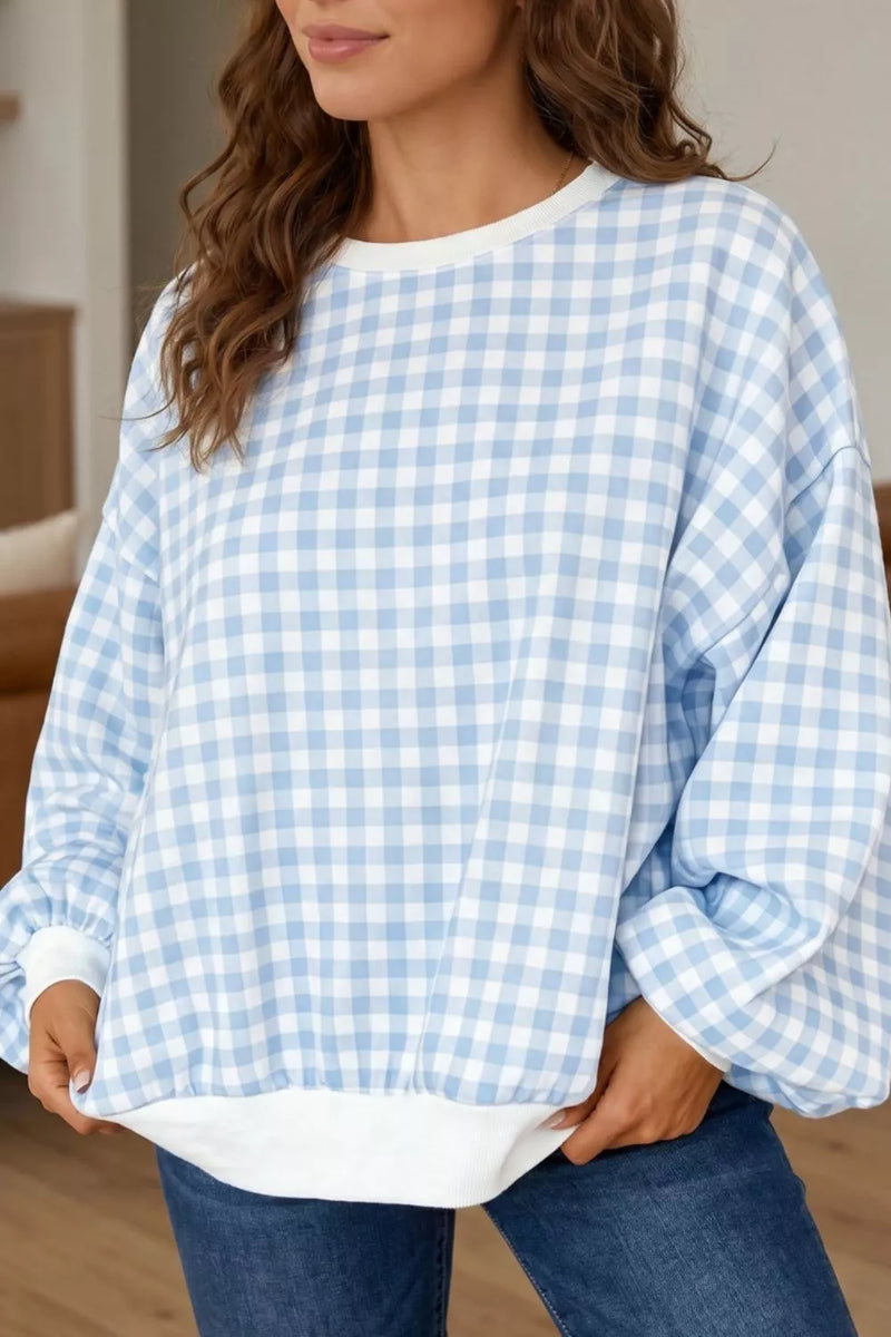 Light blue plaid dropped shoulder sweatshirt front view