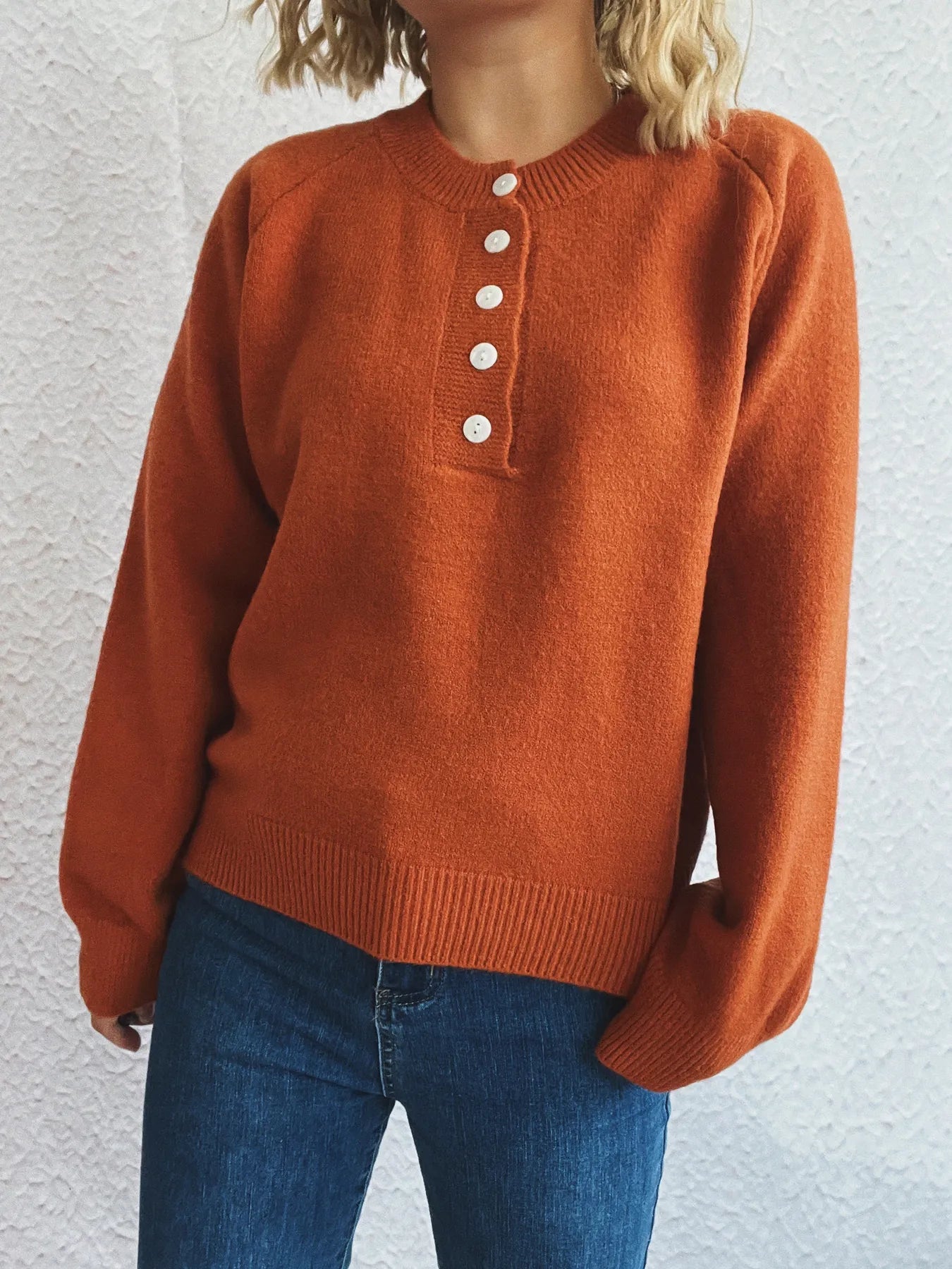 Button-Front Long Sleeve Sweater - Fashorio