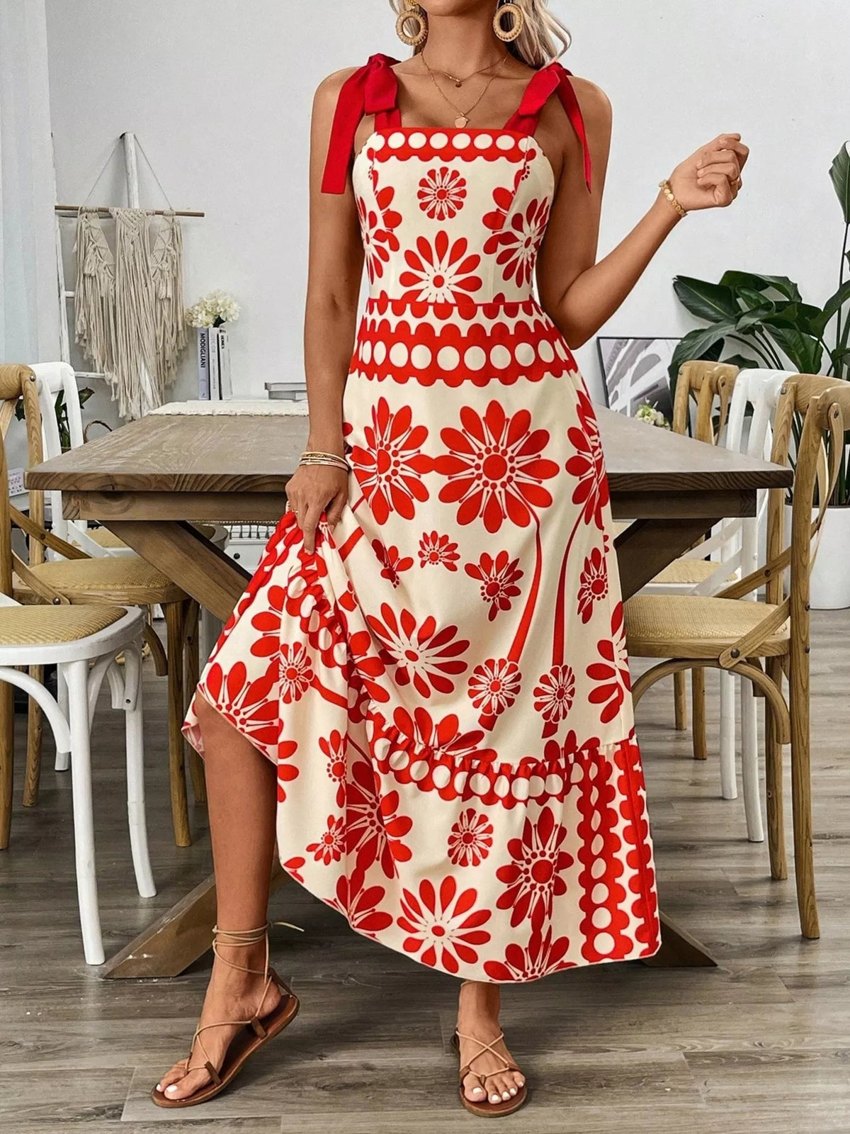 Red floral print tie shoulder midi dress front view