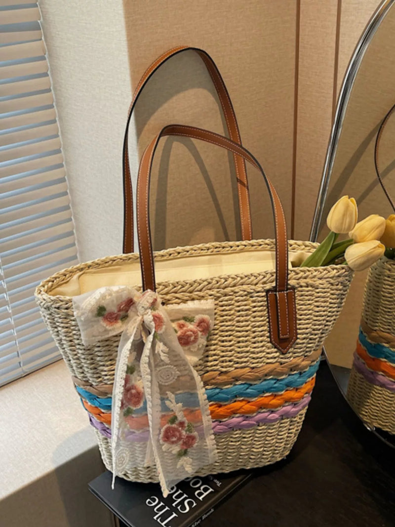 Handwoven straw slouch shoulder bag front view