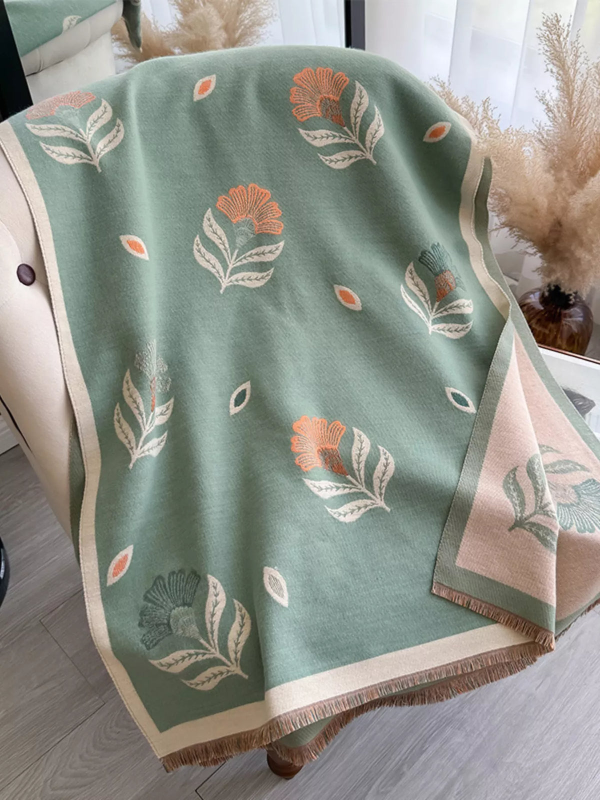 Printed raw hem shawl draped side view