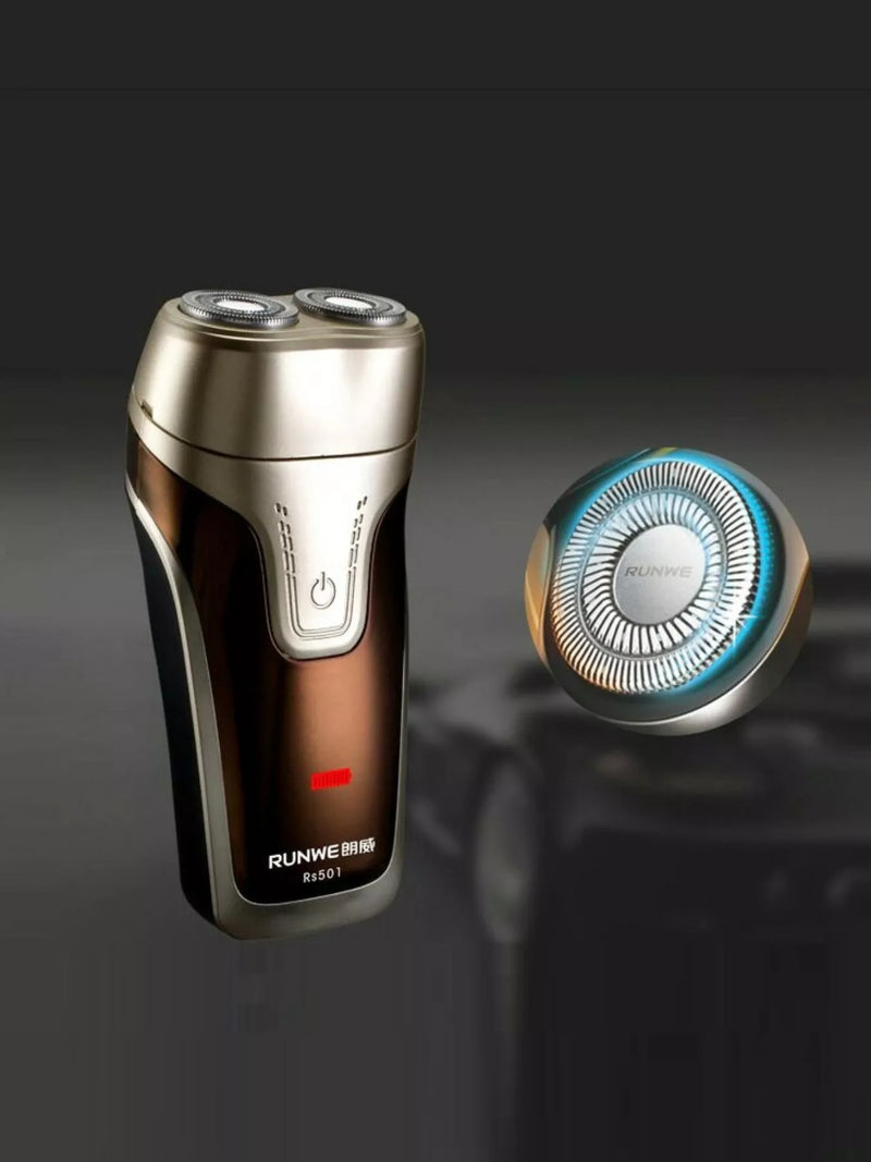Rechargeable electric shaver in gold front view