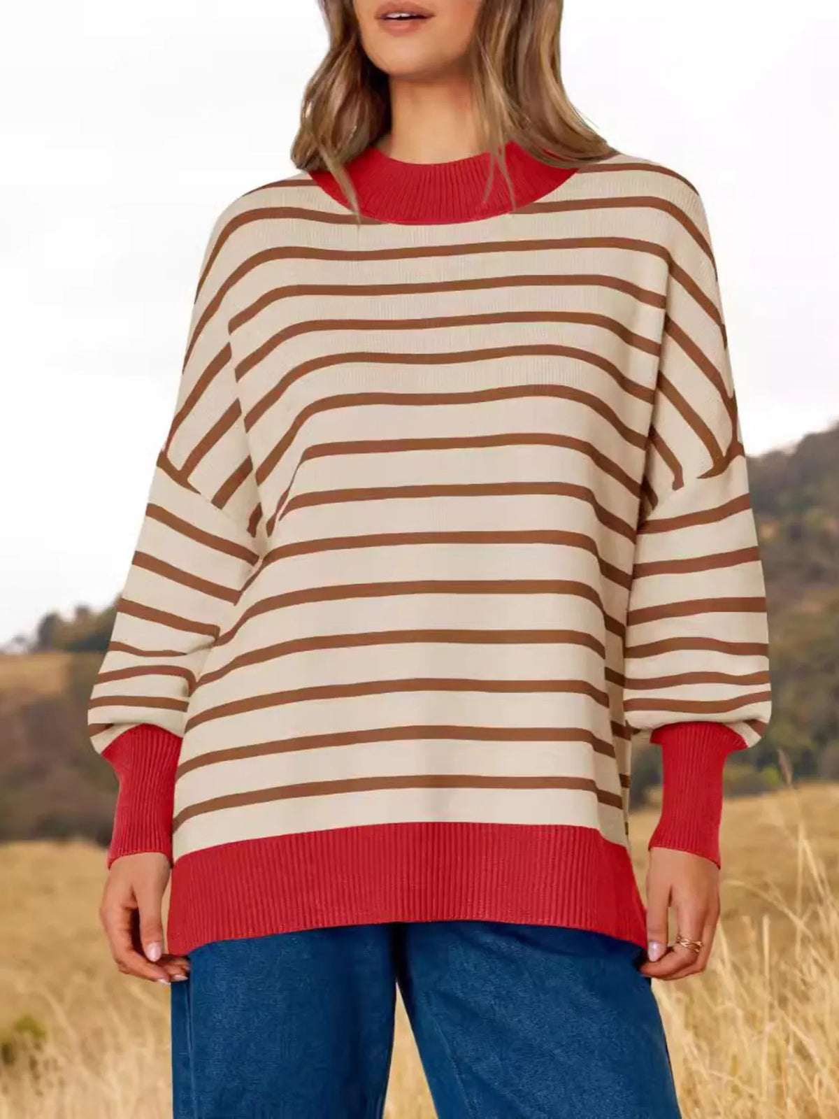 Back view of striped round neck sweater