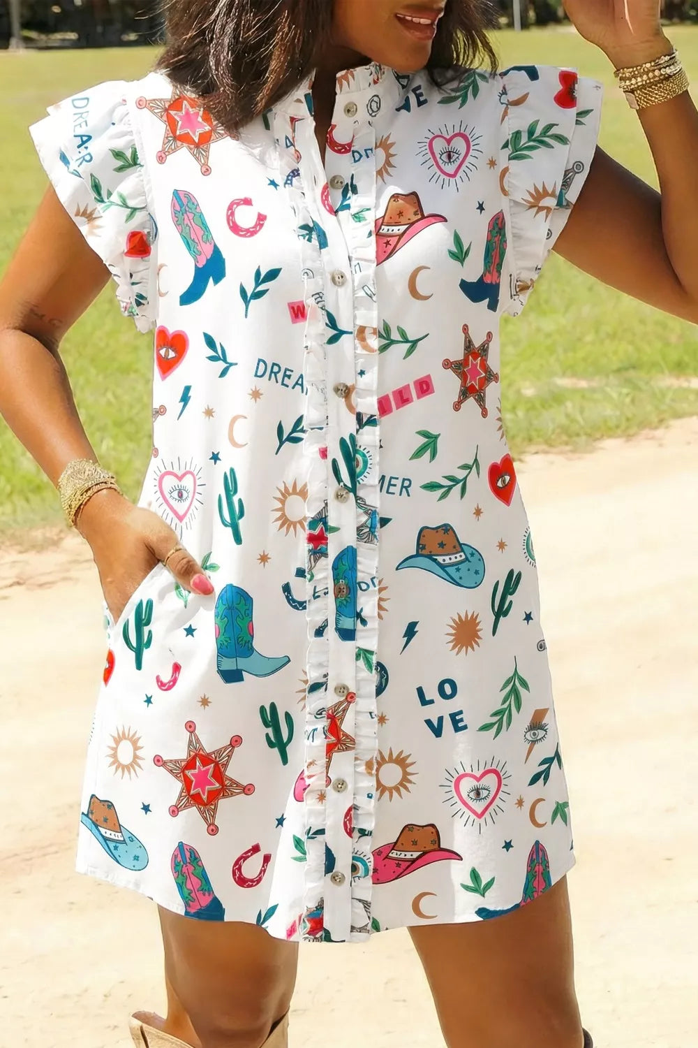 White western print flutter sleeve button down mini dress back view