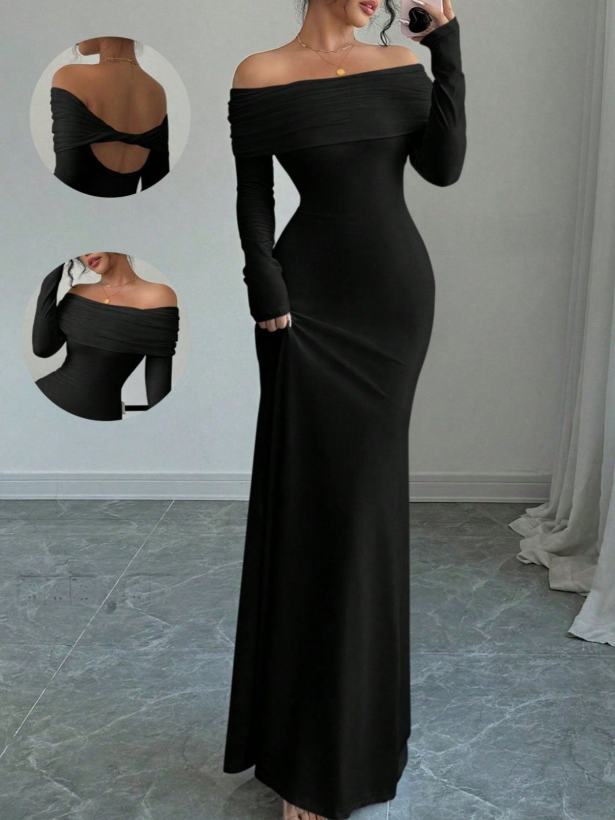 off shoulder long sleeve maxi dress back view