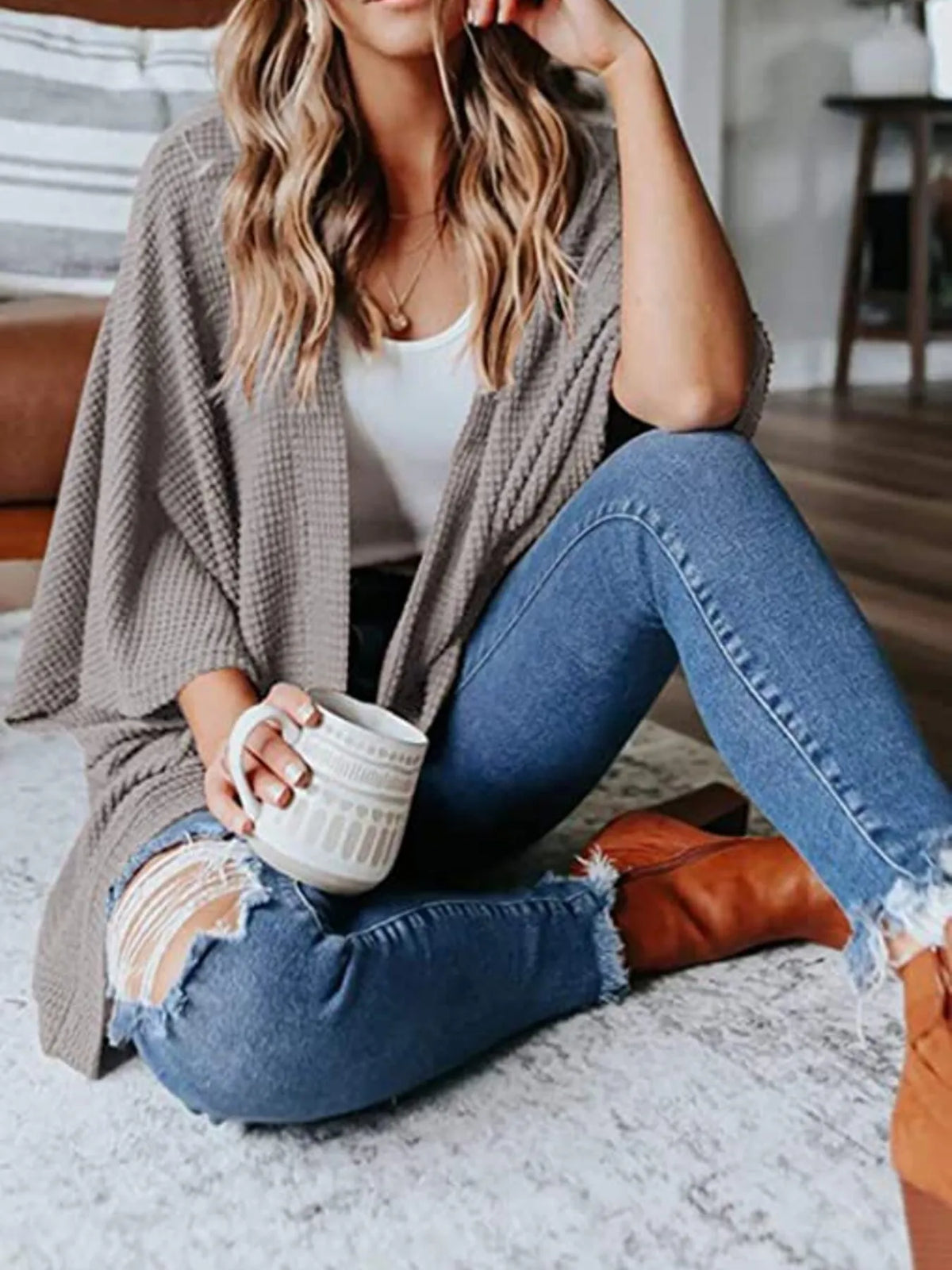 waffle knit open front plus size cardigan neckline detail