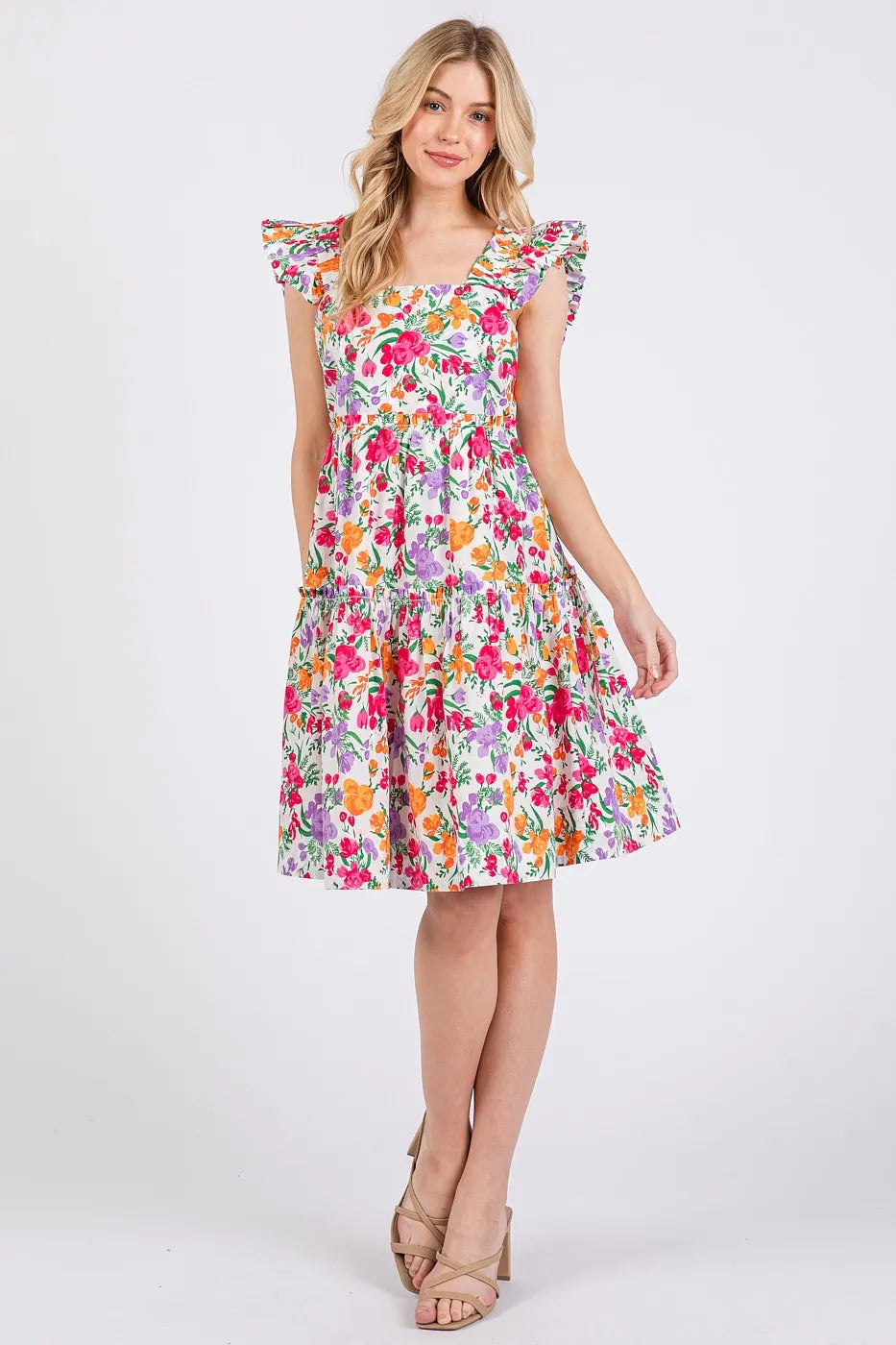 Floral Ruffle Shoulder A Line Mini Dress in Ivory on model