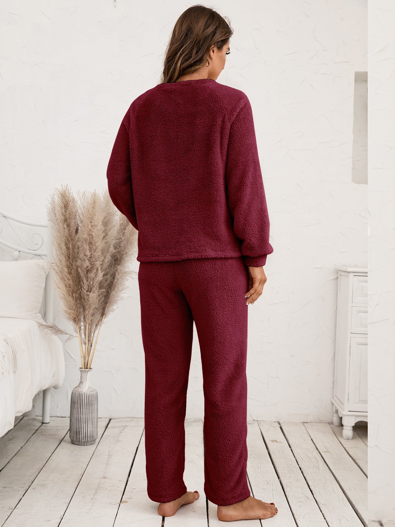 Ivy Lane Teddy Long Sleeve Top and Pants Lounge Set - Fashorio