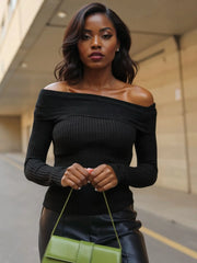 Off-Shoulder Ribbed Knit Top Black - Fashorio