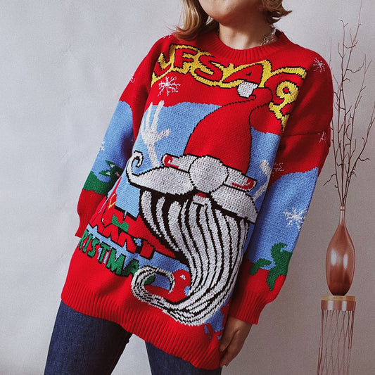 Printed Round Neck Long Sleeve Sweater Red - Fashorio