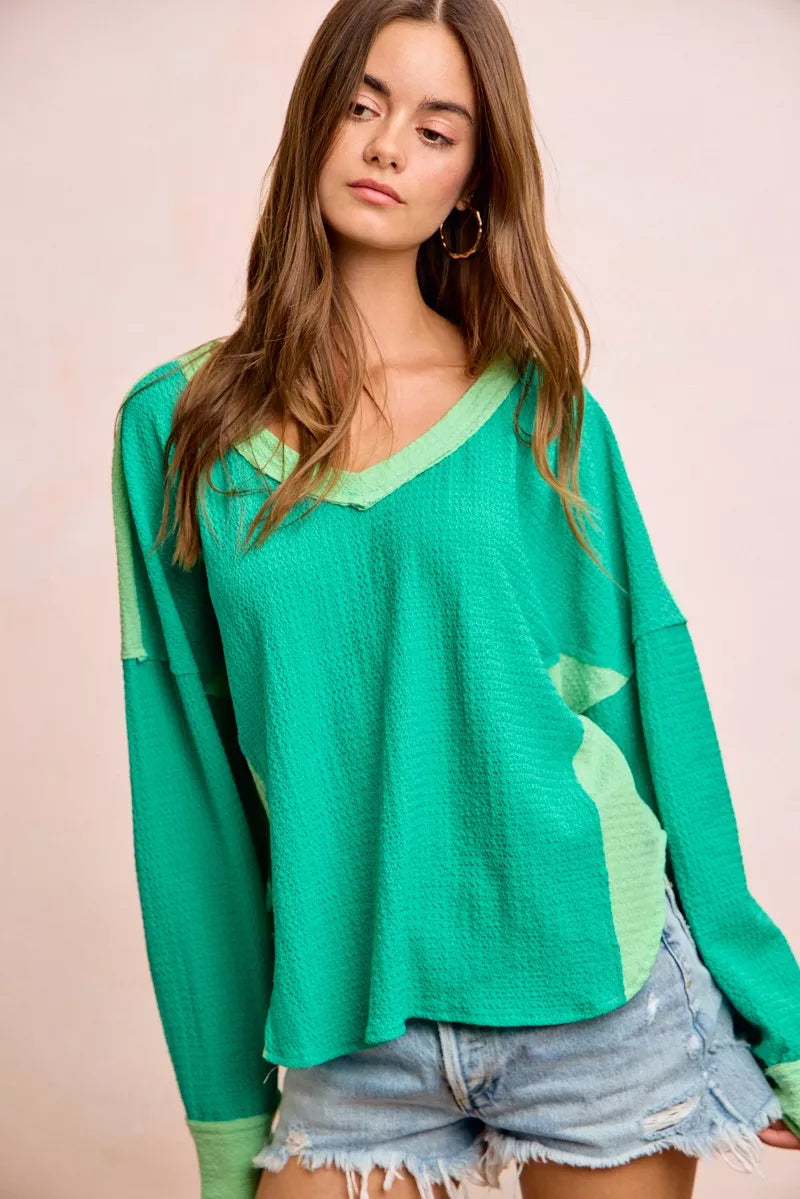 BiBi emerald and light green color block textured top three quarter view