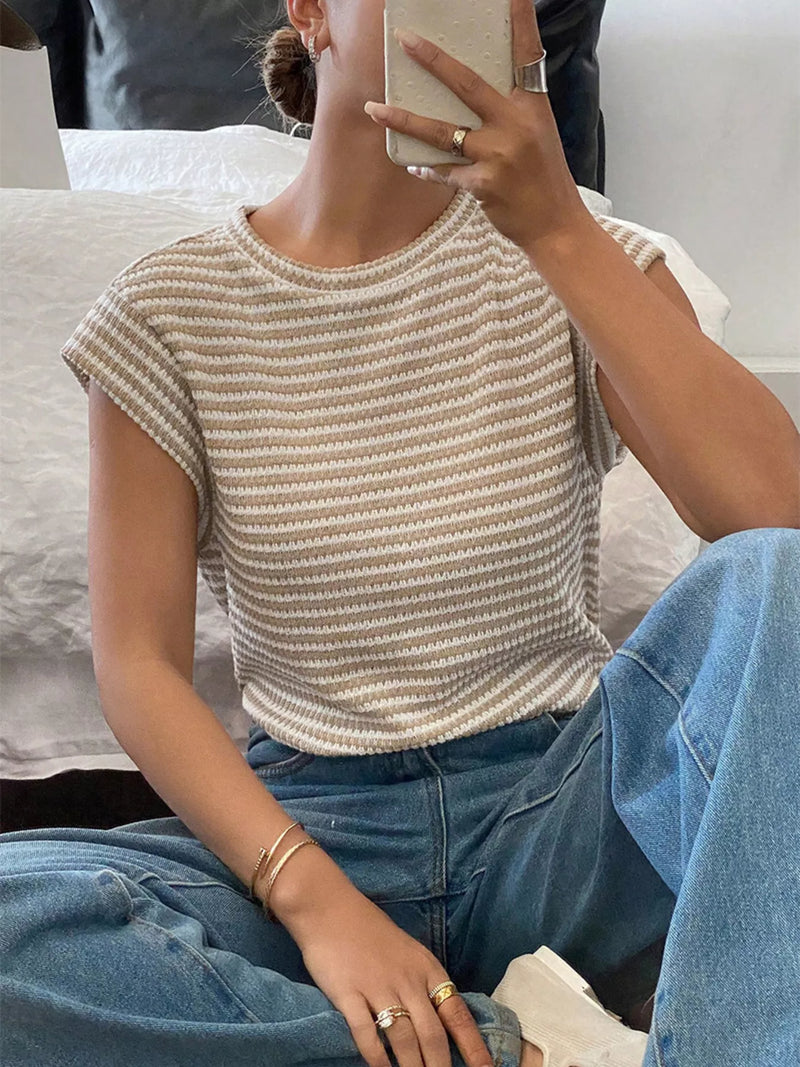 Belinda striped round neck tee in apricot shown on a model