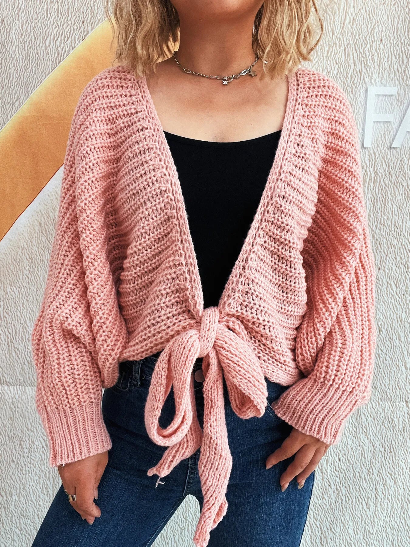 Tie Front Long Sleeve Cardigan Pink One Size - Fashorio
