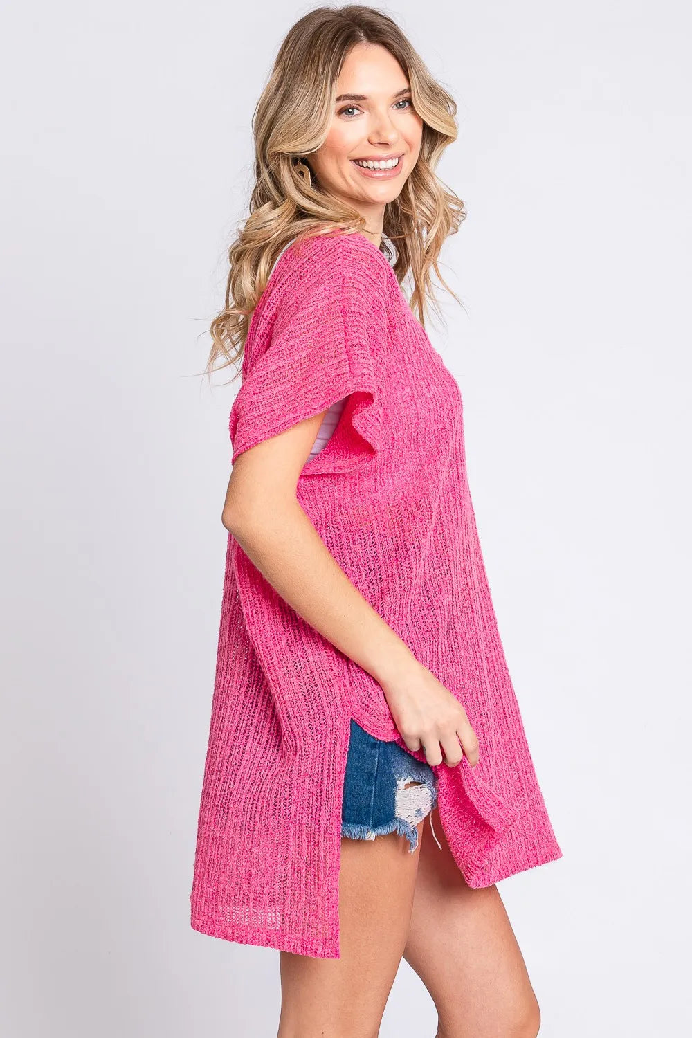 Short Sleeve Side Slit Knit Cover Up Dress side view
