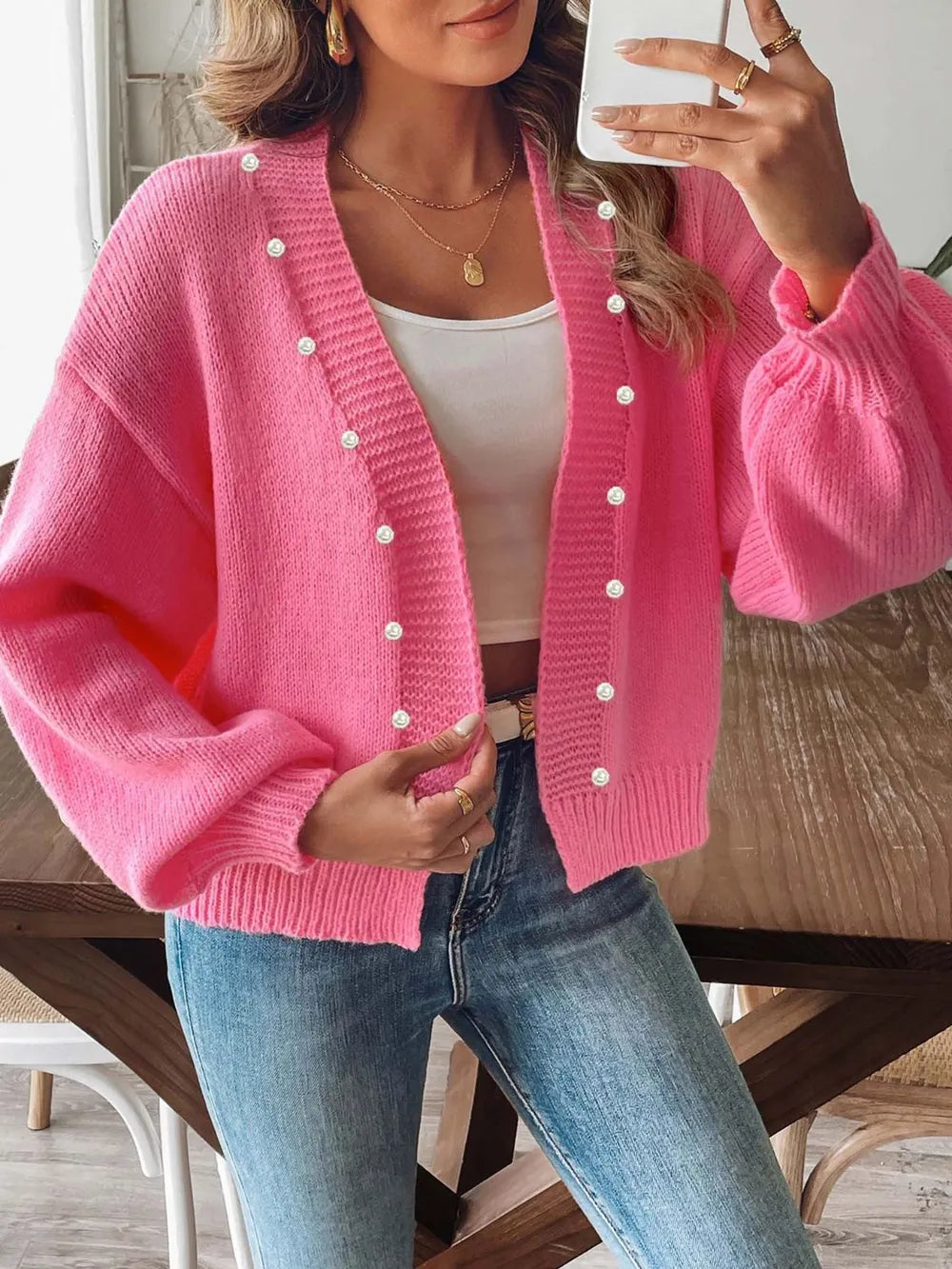 Pearl Open Front Long Sleeve Cardigan - Fashorio