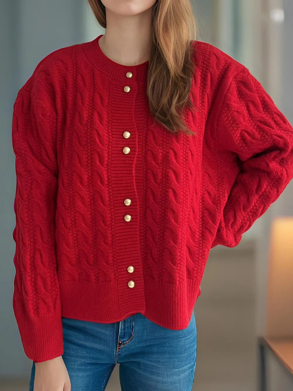 Cable-Knit Round Neck Long Sleeve Cardigan - Fashorio