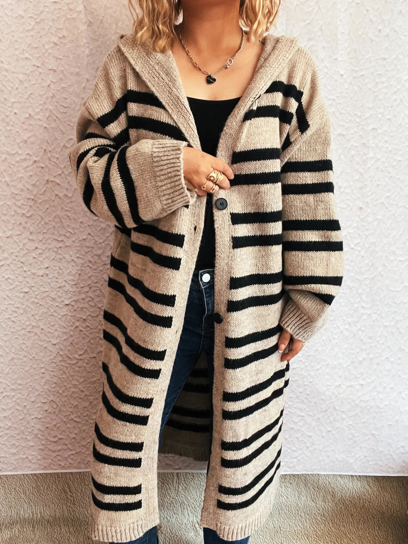 Striped Open Front Hooded Cardigan - Fashorio