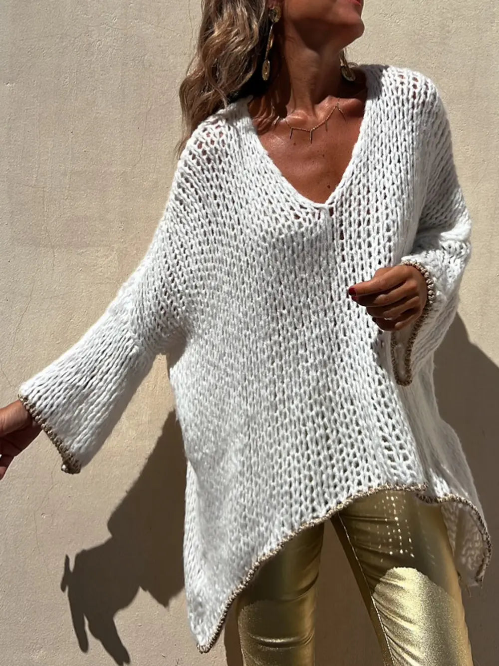 Contrast V-Neck Long Sleeve Sweater White - Fashorio