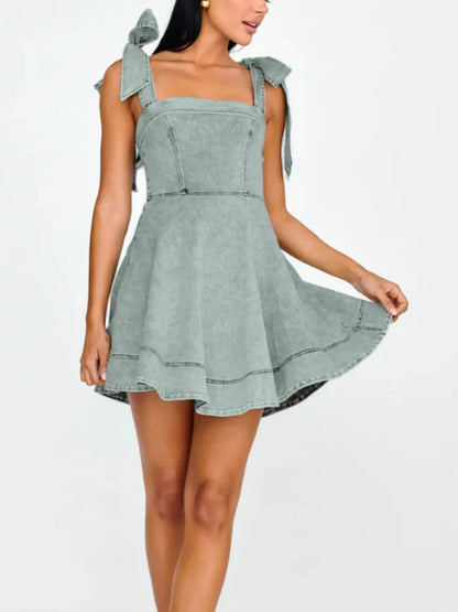Bow-Shoulder Square Neck Denim Mini Dress - Fashorio