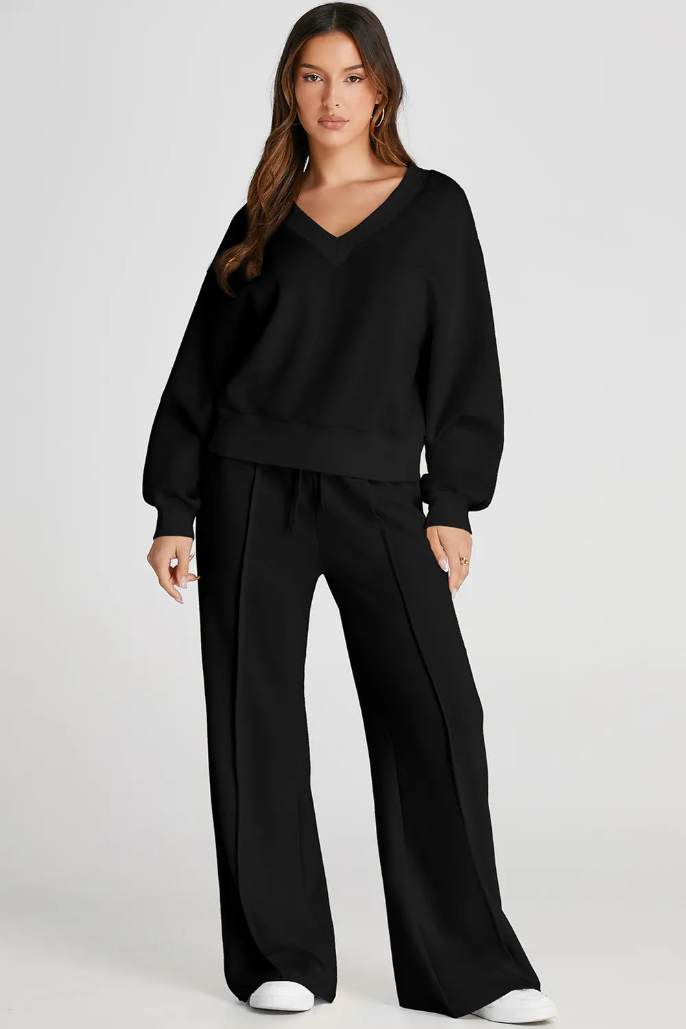 V Neck Long Sleeve Top and Pants Active Set back view
