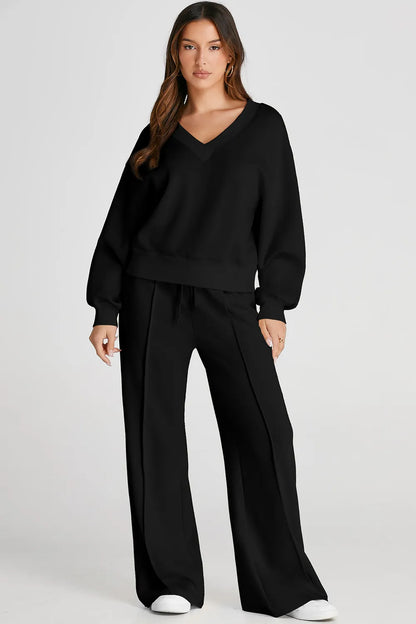 V-Neck Long Sleeve Top and Pants Active Set - Fashorio