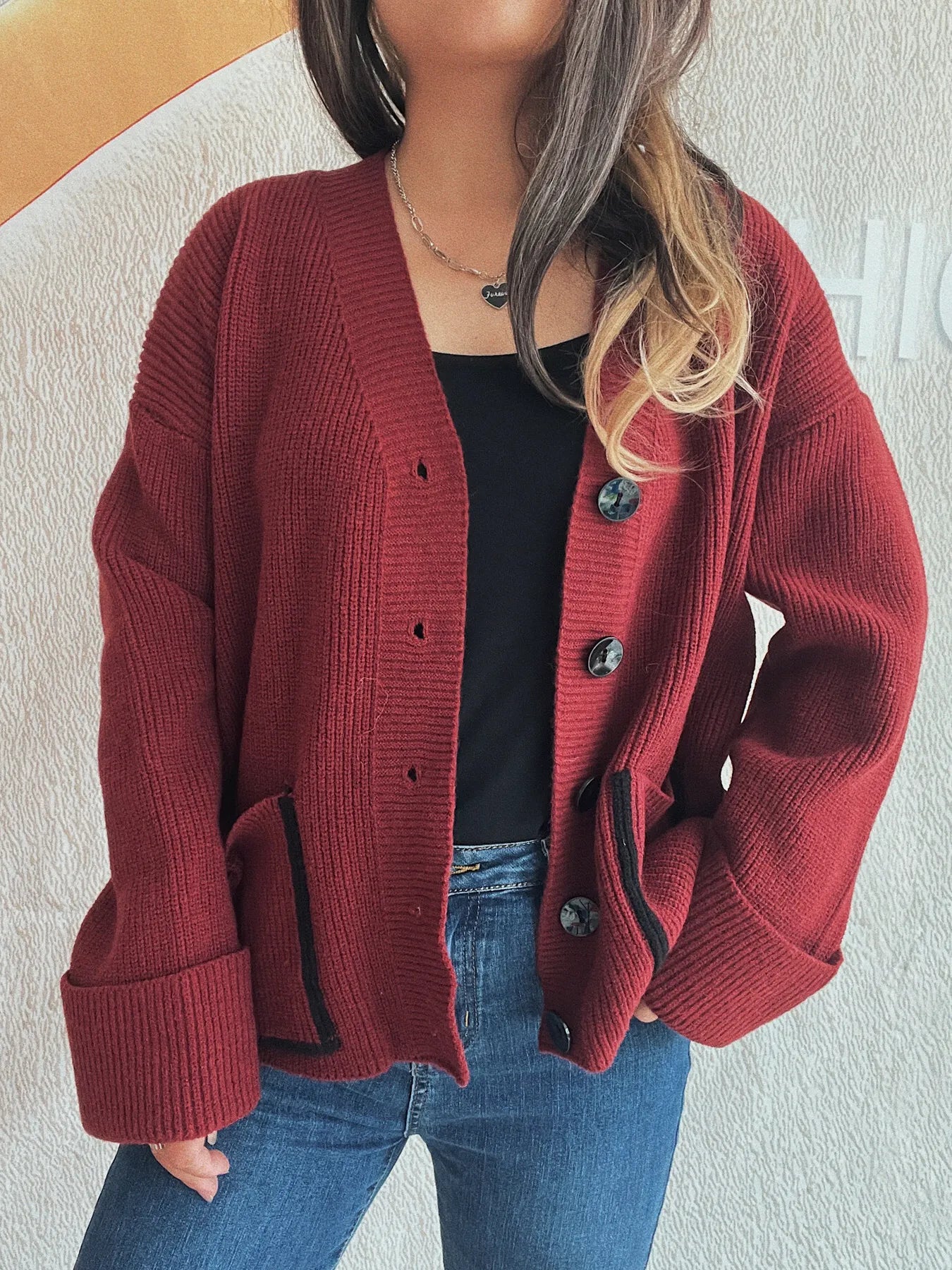Button-Front Ribbed Cardigan with V-Neck Wine Red One Size - Fashorio