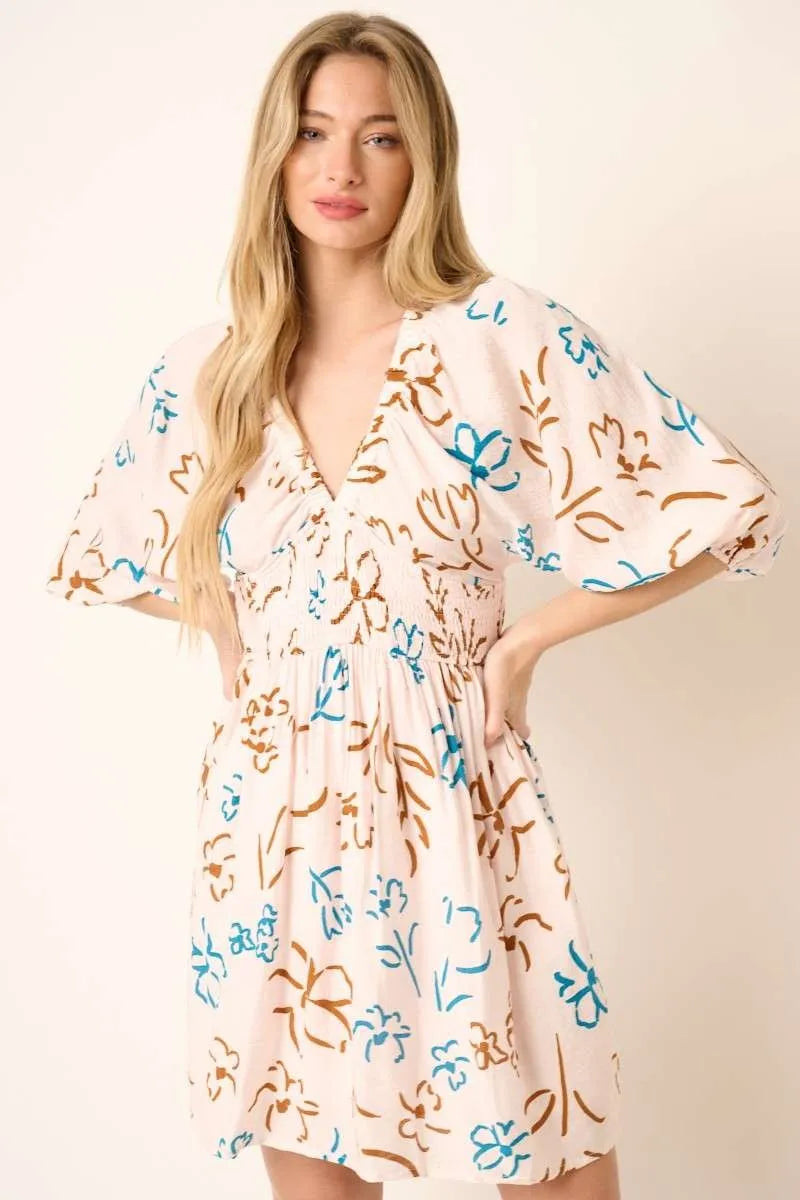 Flower Print Mocked Waist Mini Dress back view