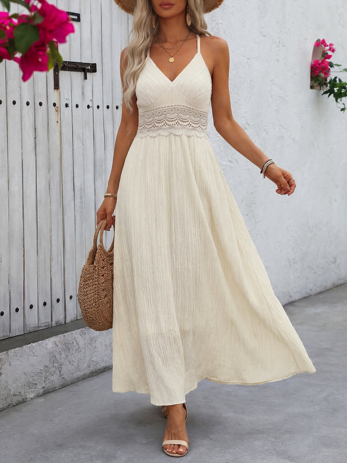 Lace trim V neck maxi dress in apricot front view