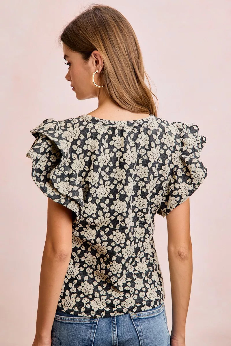 Black floral jacquard ruffle sleeve top side view