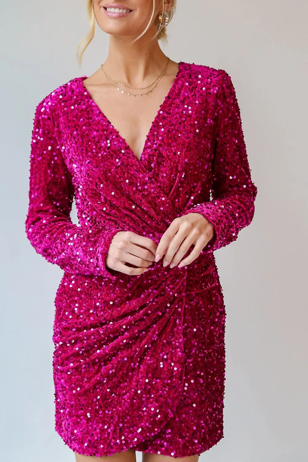 Deep rose sequin surplice long sleeve mini dress front view