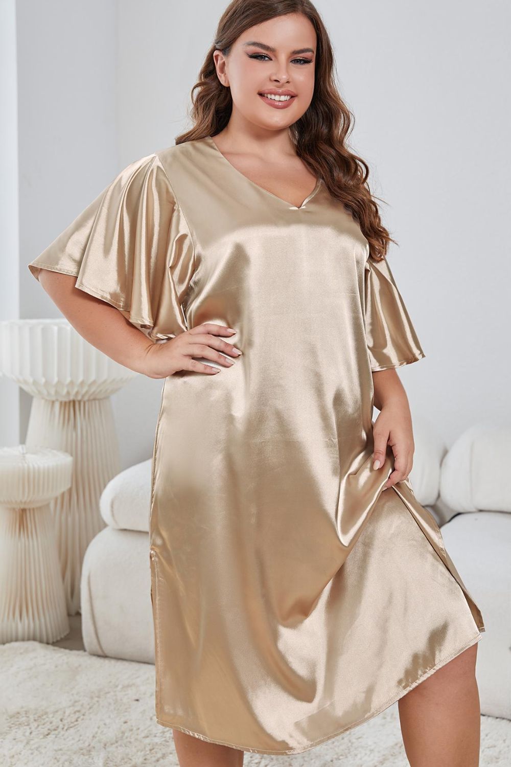 Plus Size Flutter Sleeve V-Neck Side Slit Night Gown - Fashorio