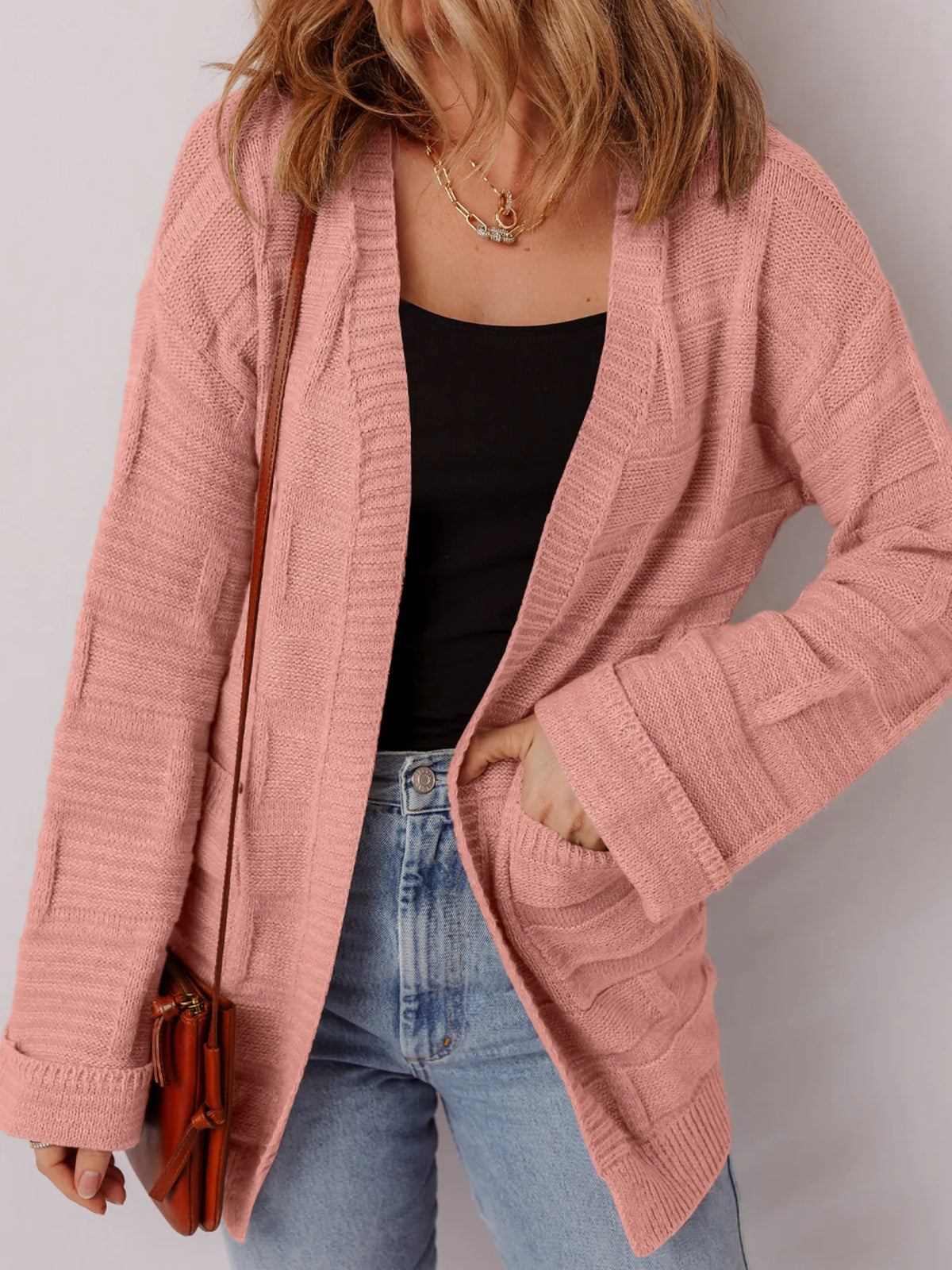 textured knit open front cardigan with pockets front view