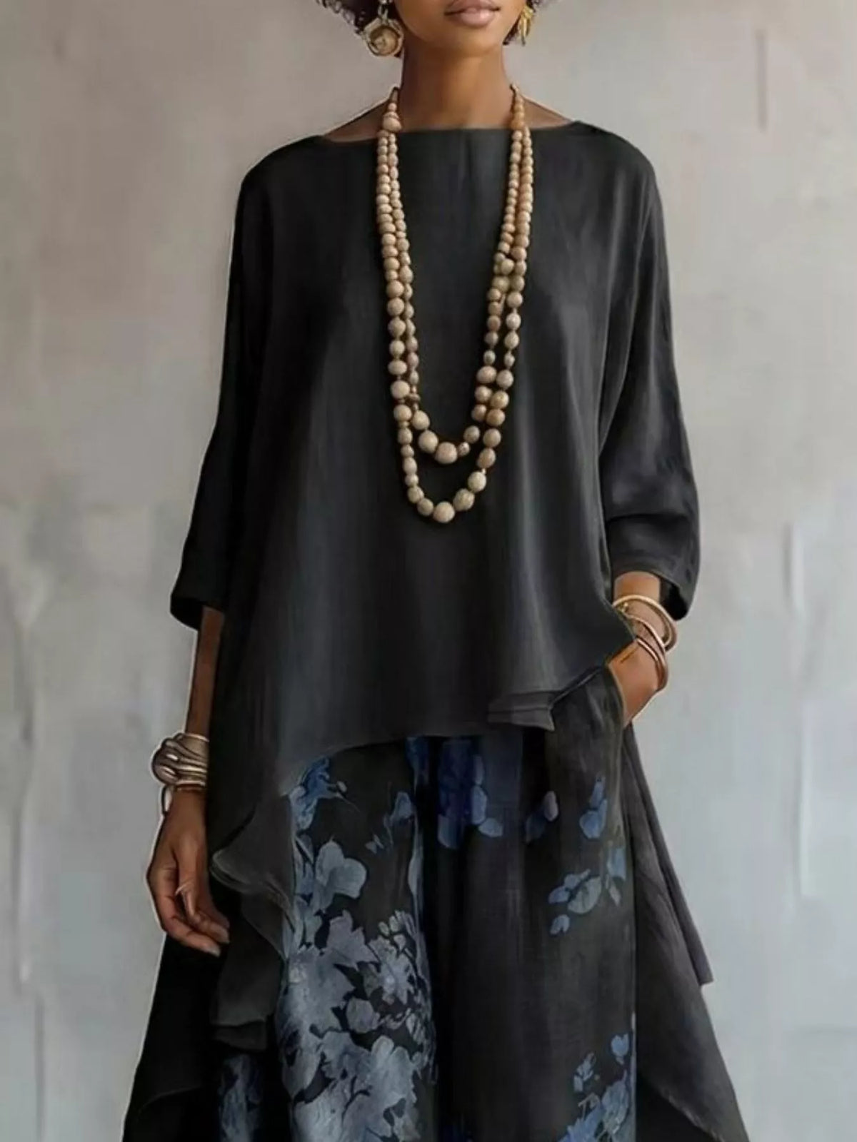 Floral pants from asymmetrical two piece set detail