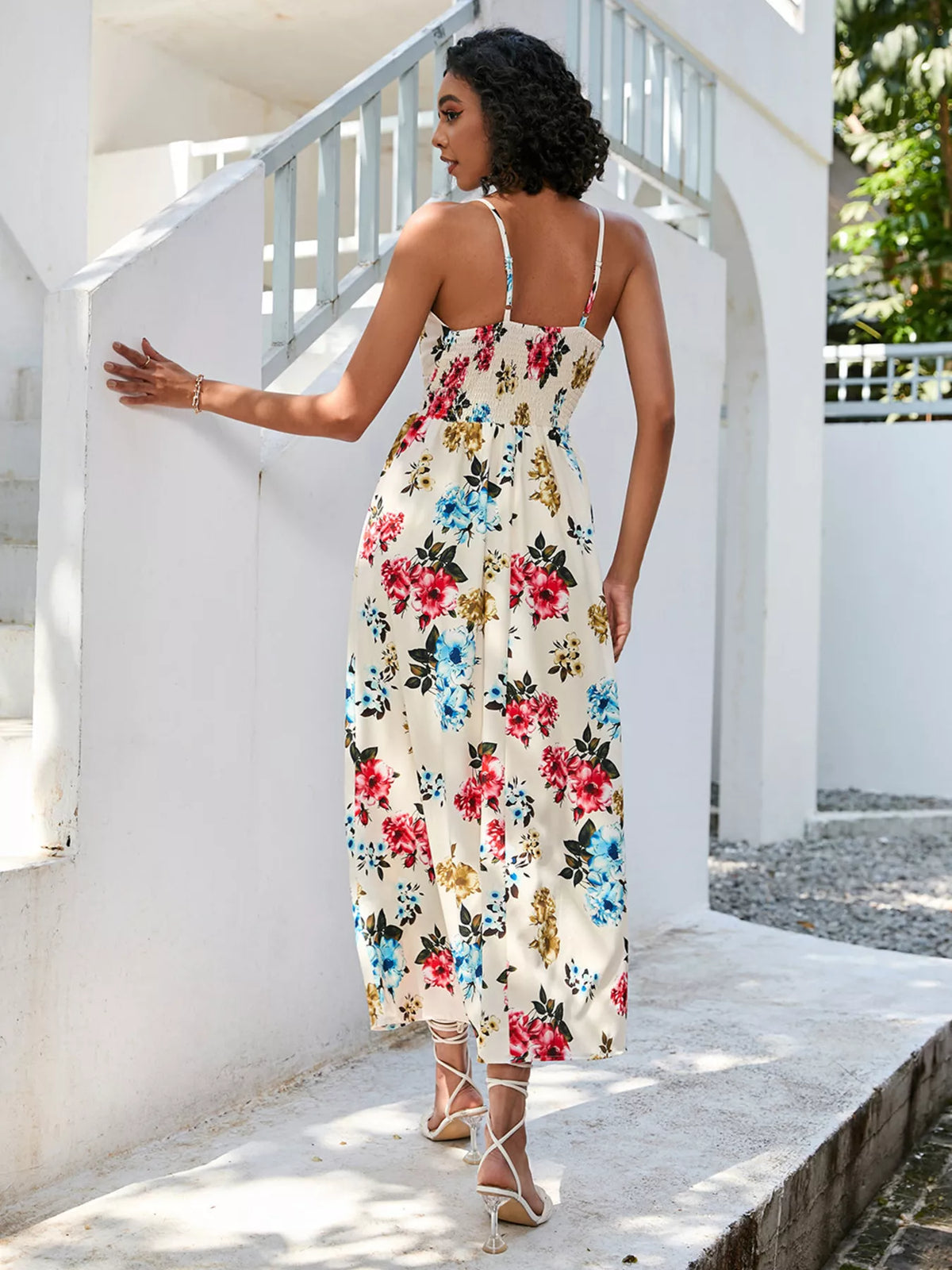 Floral print spaghetti strap midi dress flat lay view