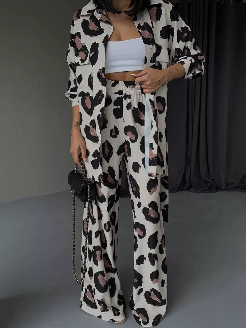 Leopard print relaxed shirt and pants set front view