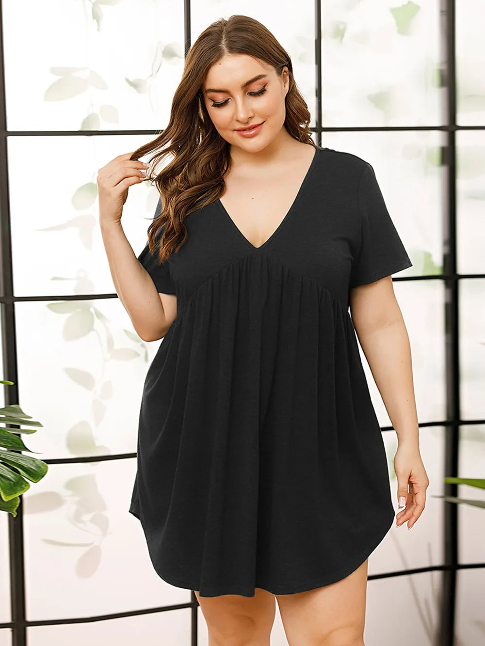 V-Neck Short Sleeve Lounge Dress - Fashorio