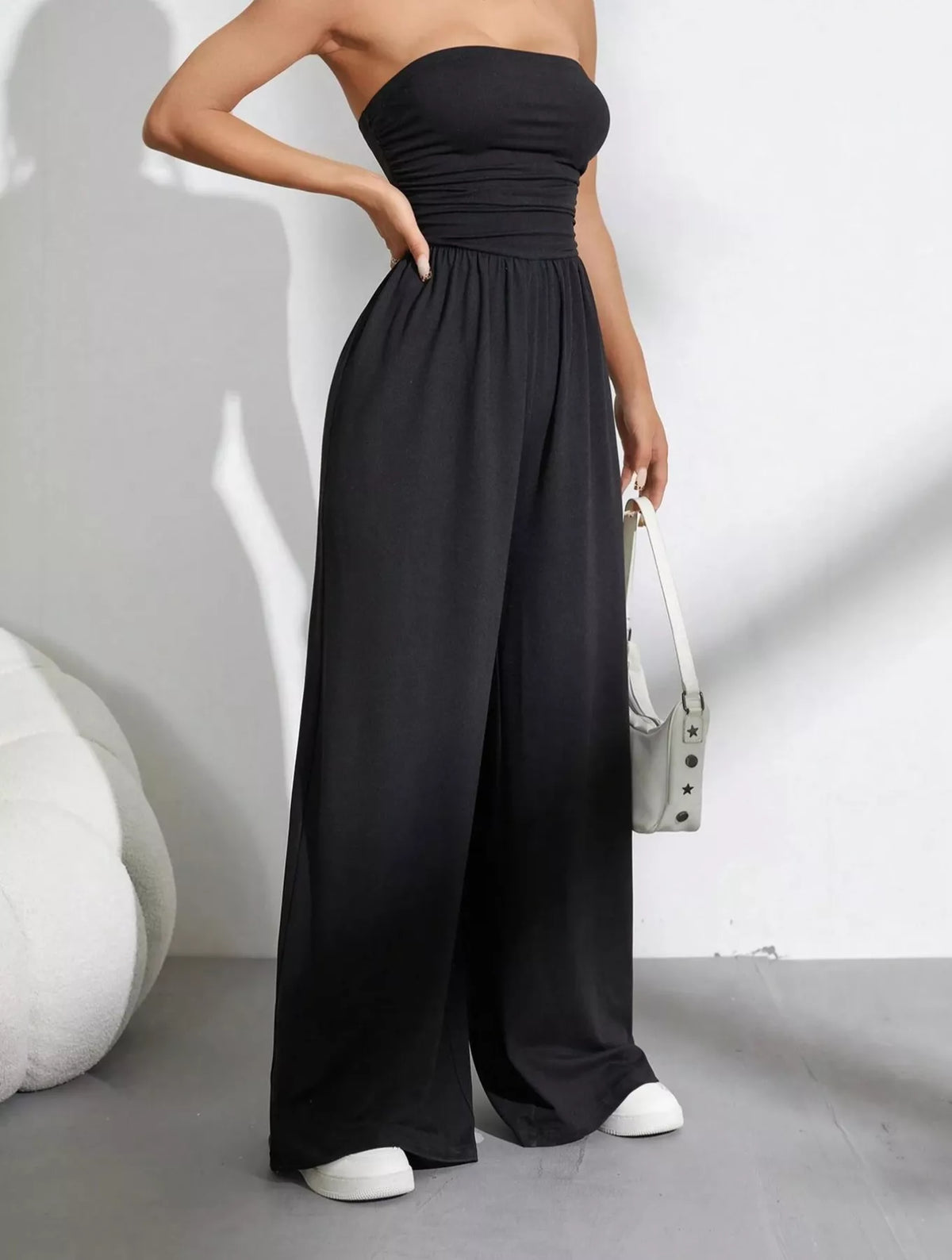 Wide leg strapless tube top jumpsuit front view